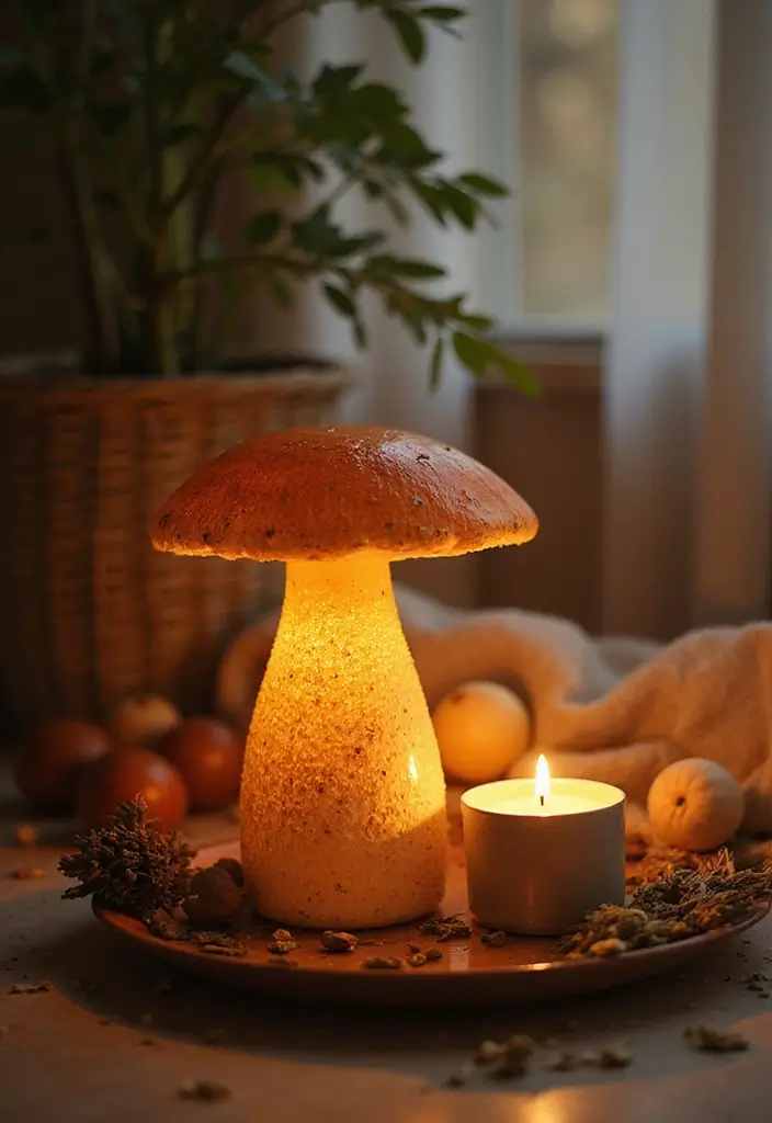 Scented candle and diffuser near mushroom lamp