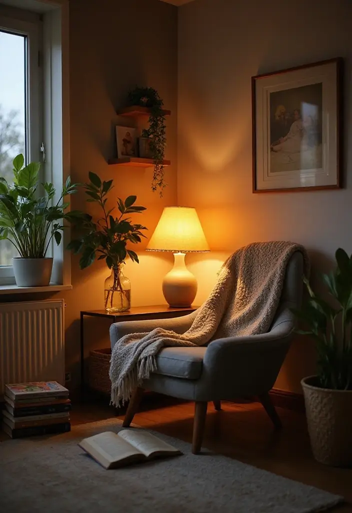 Cozy reading nook with adjustable mushroom lamp