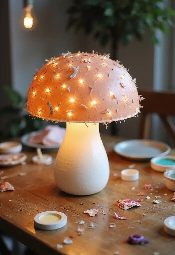 DIY customized mushroom lamp with floral decoupage