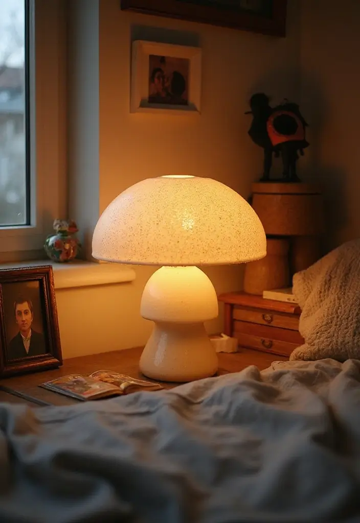 Personalized bedroom decor around mushroom lamp