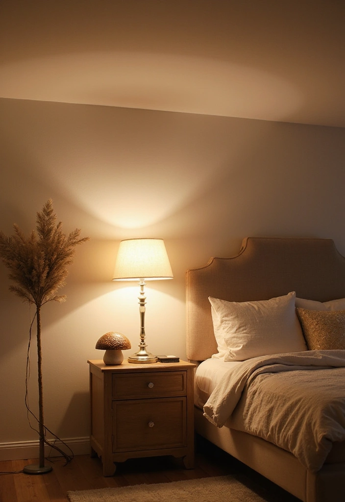 Layered lighting with mushroom lamps in a cozy bedroom
