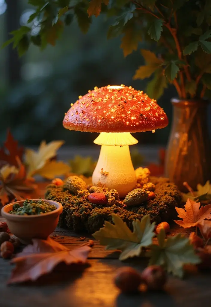 Seasonal decor around mushroom lamp