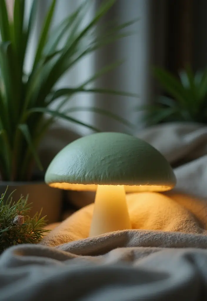 Sage green mushroom lamp enhancing bedroom decor