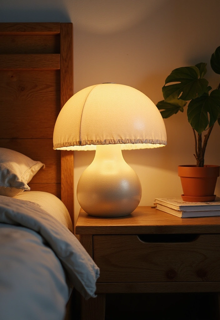 Perfectly sized mushroom lamp on bedside table