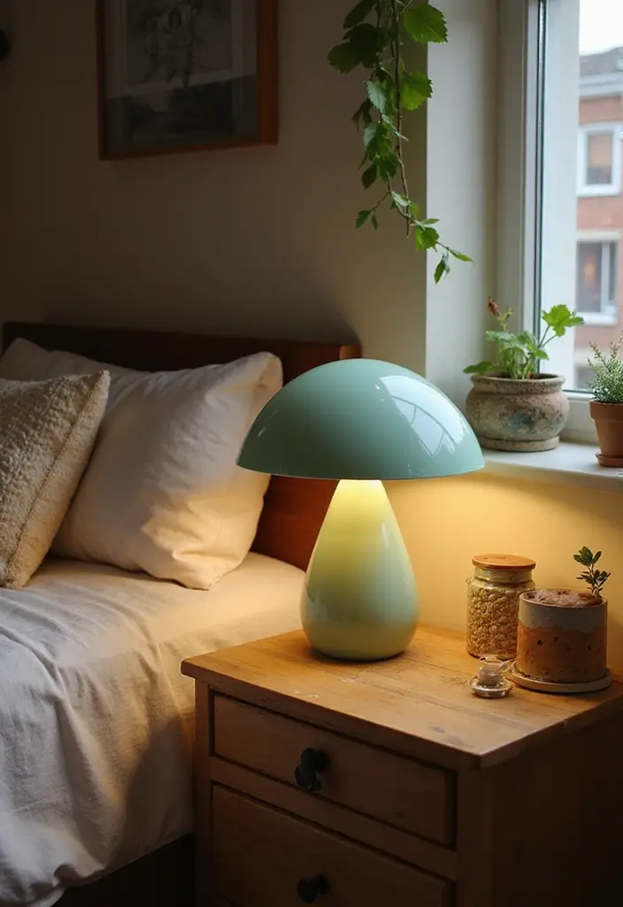 Cozy cottagecore bedroom with sage green mushroom lamp