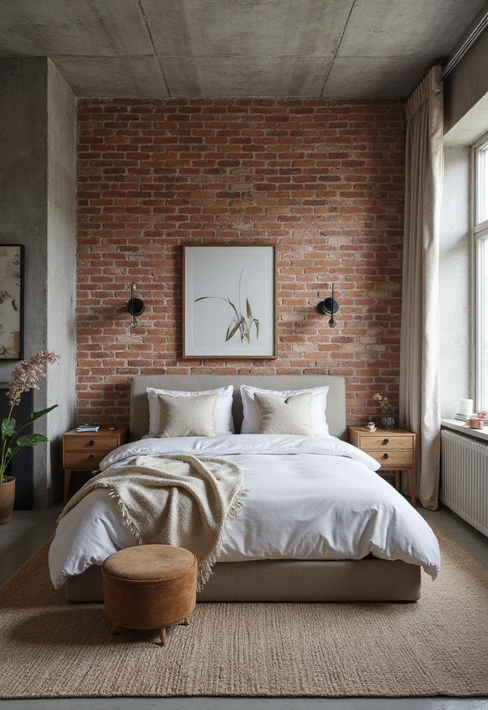 Exposed Brick Wall in Industrial Bedroom