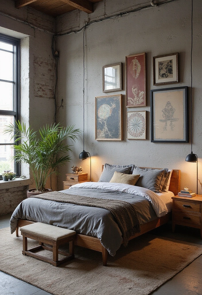 Salvaged Art in Industrial Bedroom