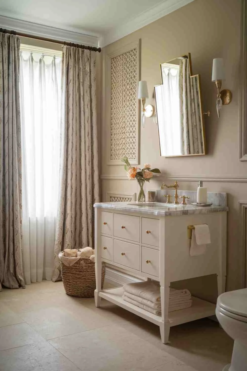 Elegant bathroom with white vanity and marble countertop, gold fixtures, and decorative wall
