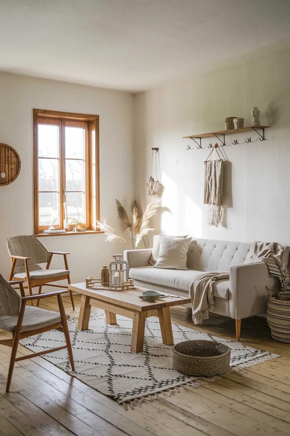 Scandinavian farmhouse living room with beige sofa and wooden accents