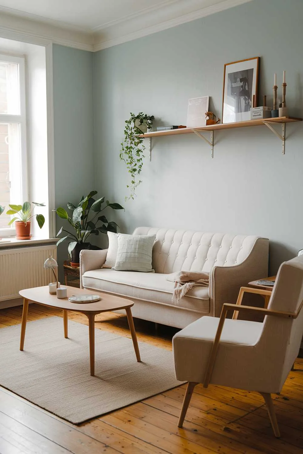 Cozy small Scandinavian living room with beige sofa, white armchair, wooden coffee table, and light blue walls