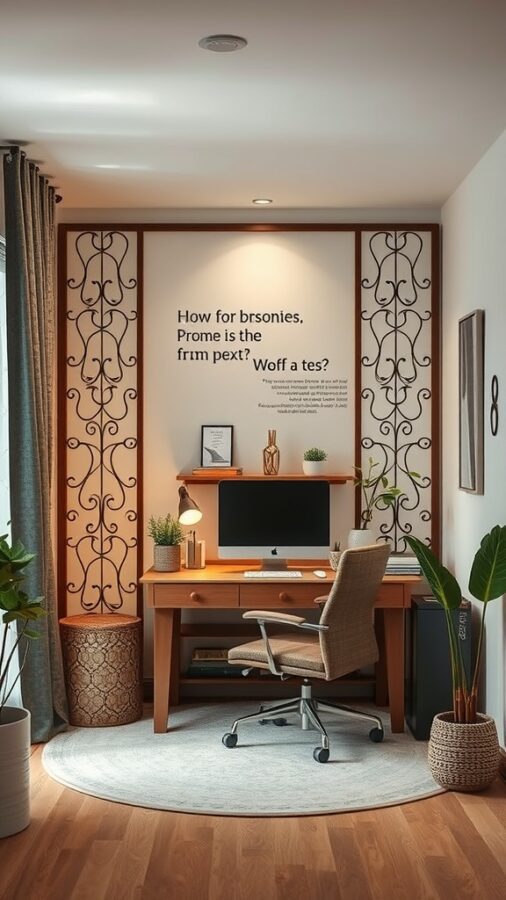 Elegant home office featuring a decorative room divider, desk, and lush plants