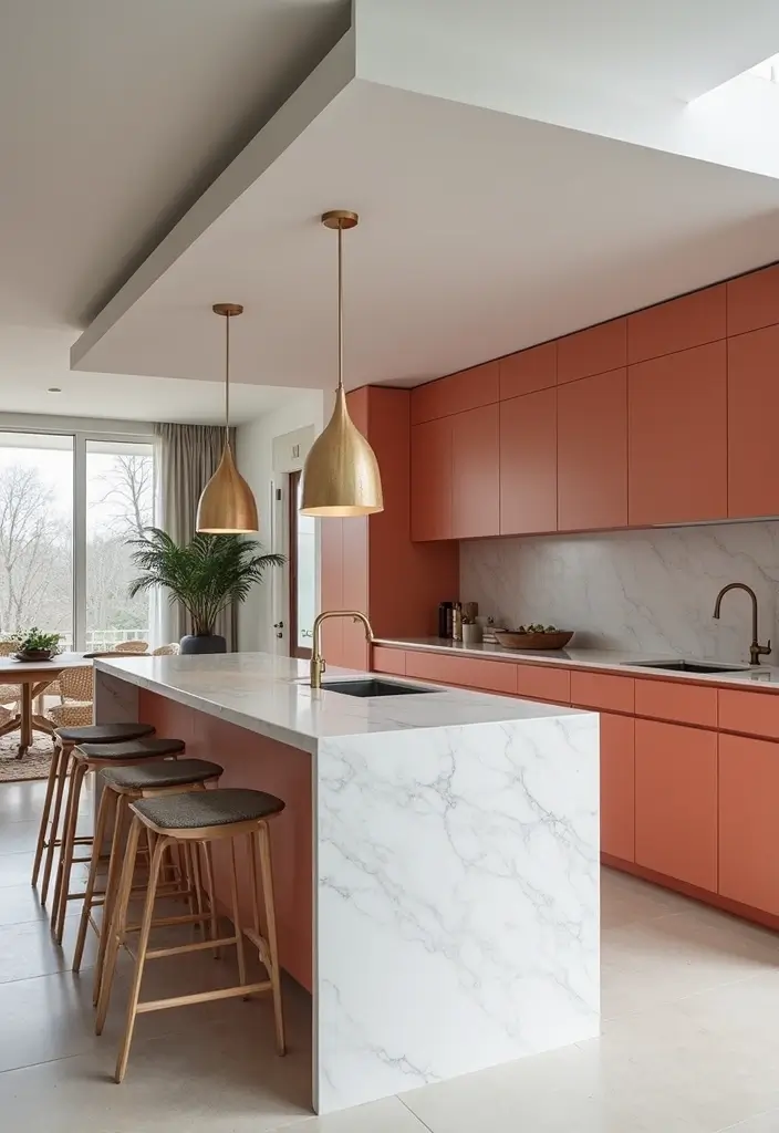 Open Concept Kitchen with Coral Cabinets