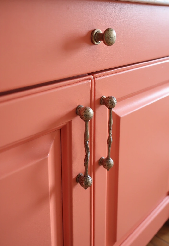 Custom Coral-Toned Kitchen Cabinets with Statement Chandelier and Marble Island