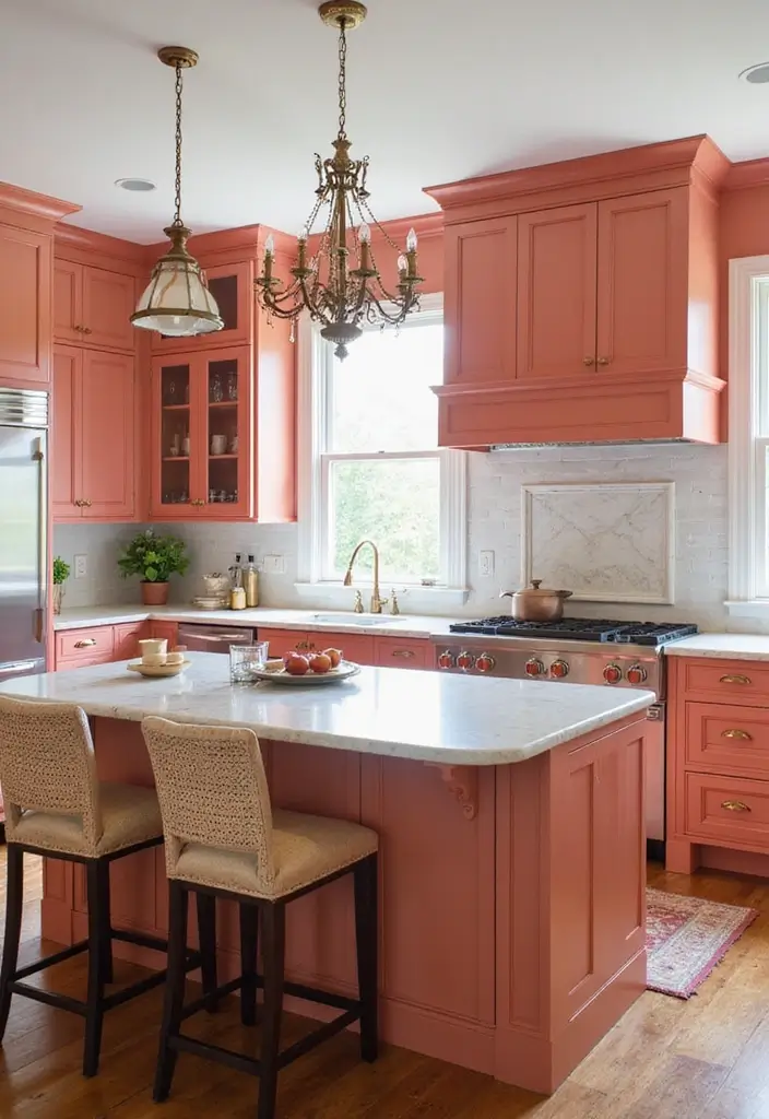 Custom Coral Kitchen with Marble Island and Chandelier