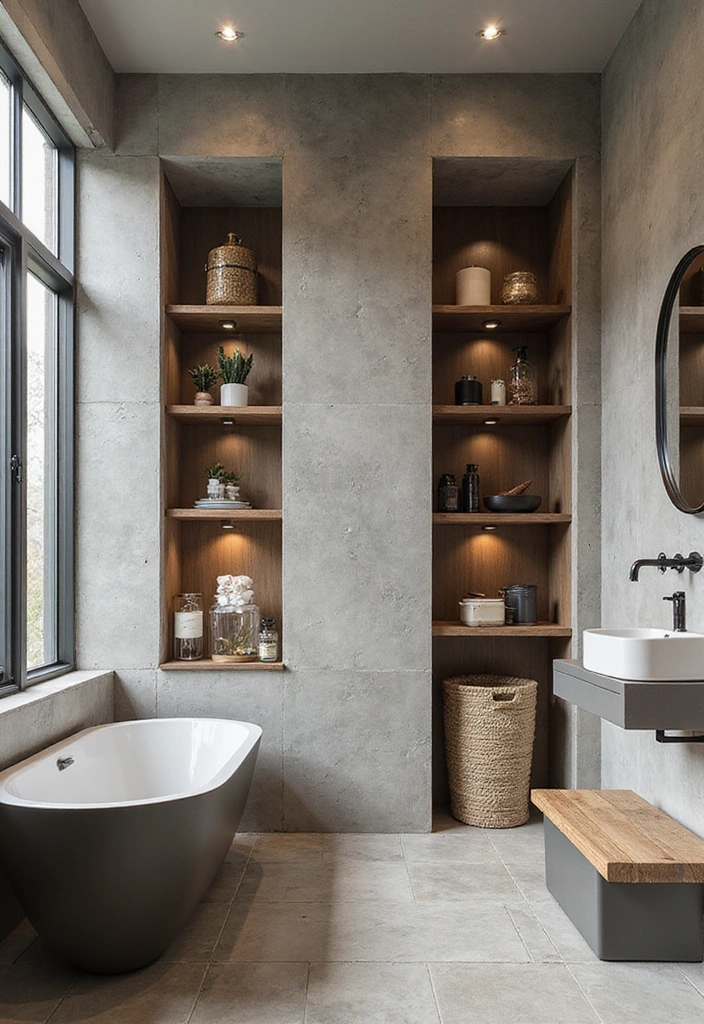 Creative Shelving in Industrial Bathroom