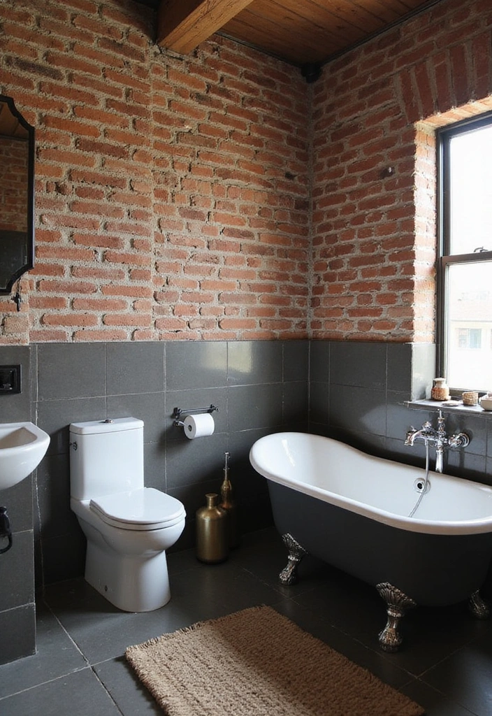 Industrial Loft Bathroom with Exposed Brick and Floating Oak Vanity
