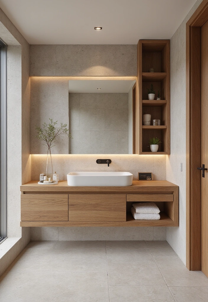 Floating Oak Vanity in Industrial Bathroom