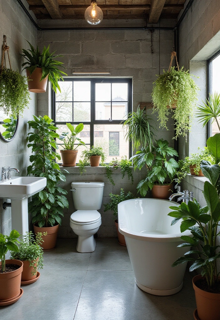 Greenery in Industrial Bathroom
