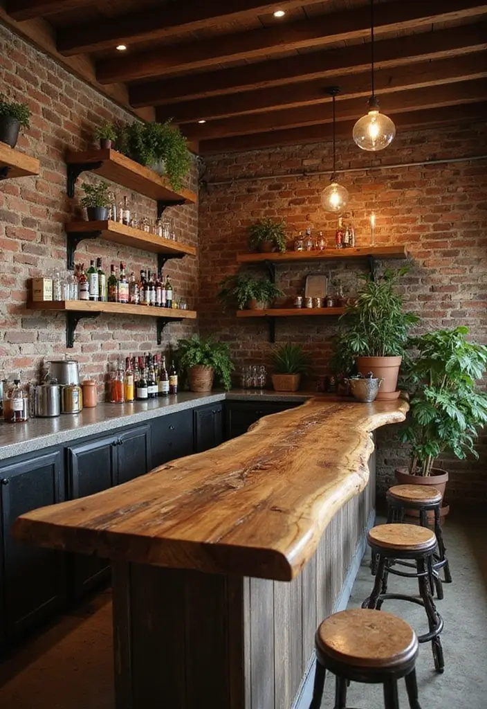 Rustic basement bar with live-edge countertop and brick walls