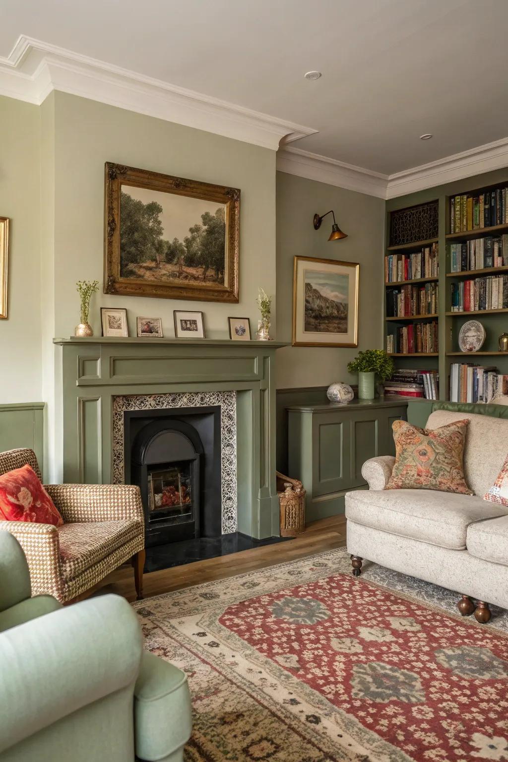Olive green fireplace lending a retro charm to the living room.