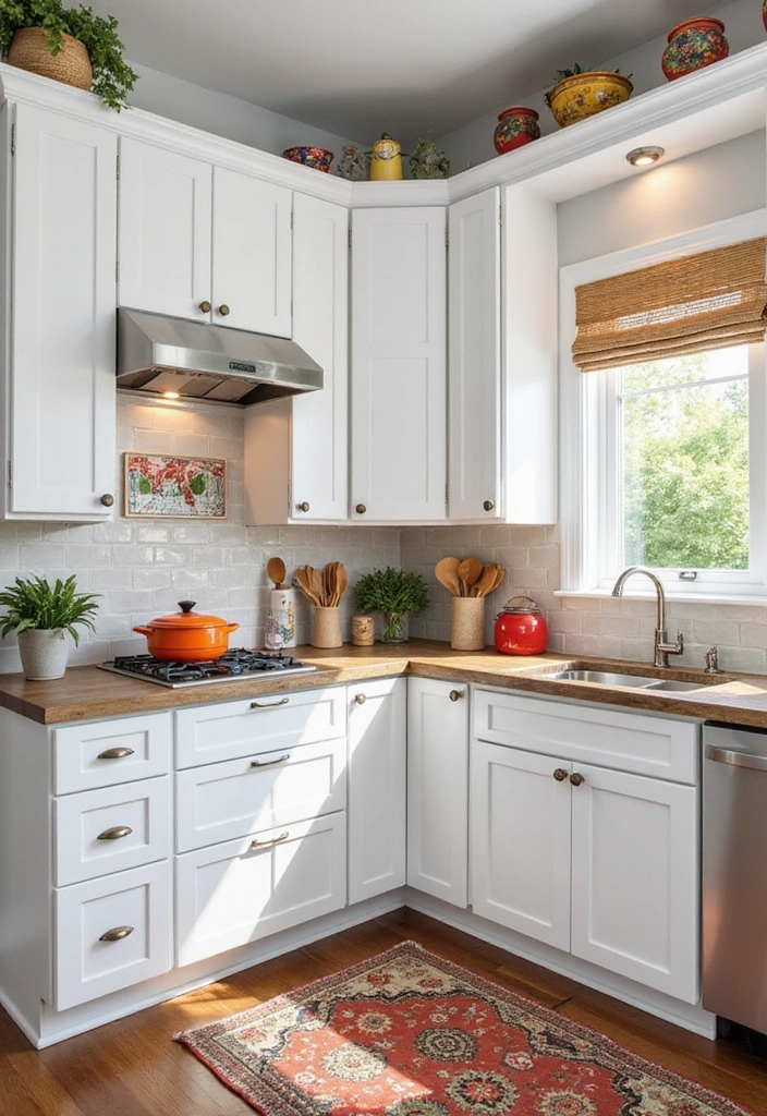 L-Shaped Kitchen with White Shaker Cabinets and Colorful Backsplash