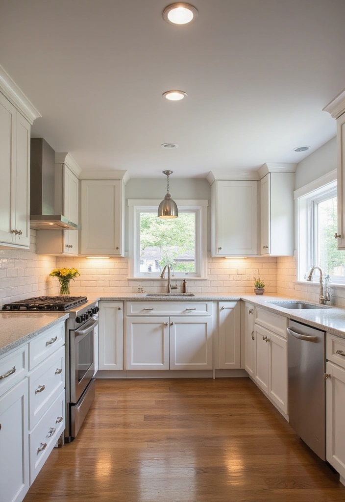 Brightly Lit L-Shaped Kitchen with White Shaker Cabinets and LED Lighting