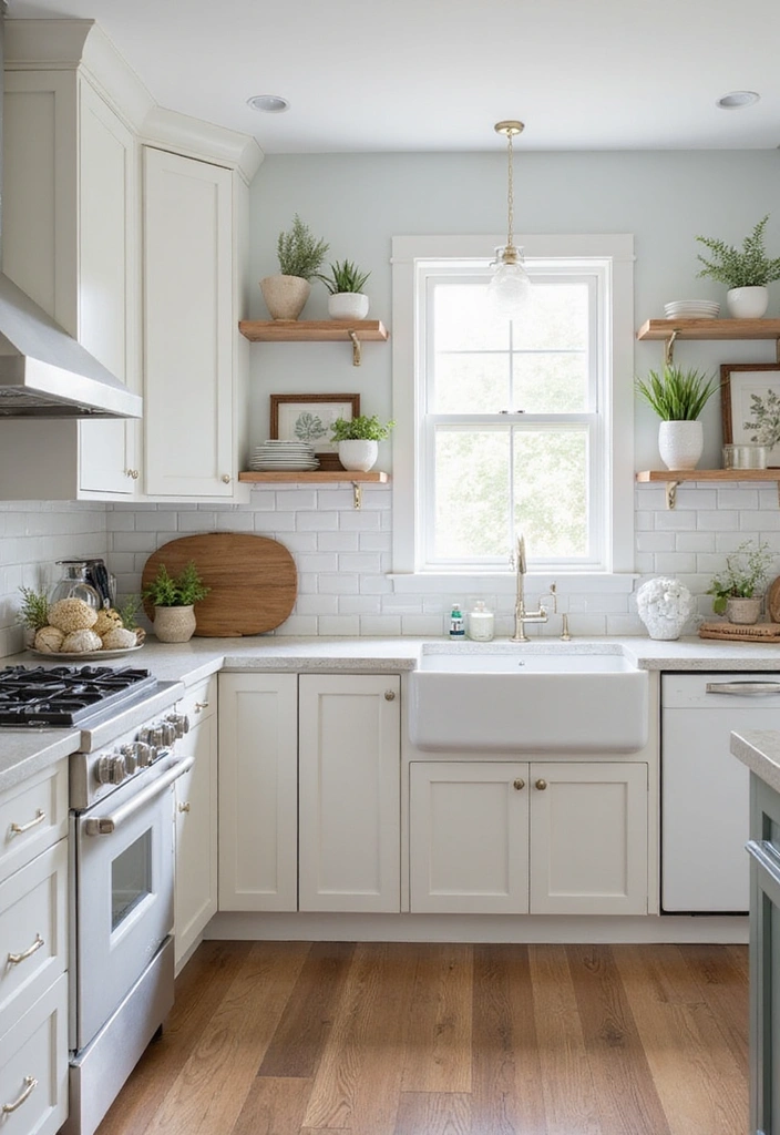 Coastal L-Shaped Kitchen with White Shaker Cabinets and Pastel Subway Tile Backsplash