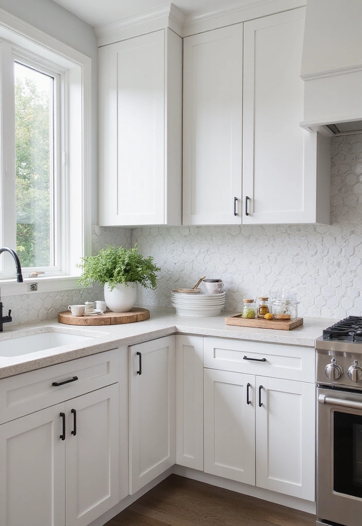 Contemporary L-Shaped Kitchen with White Shaker Cabinets and Geometric Backsplash