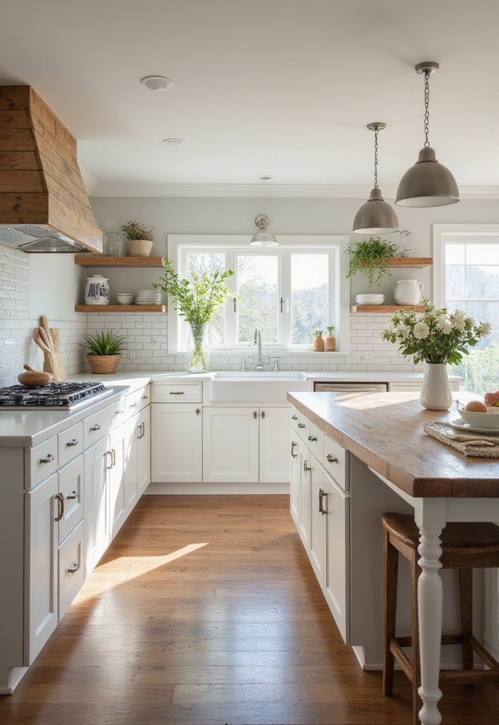 Farmhouse L-Shaped Kitchen with White Shaker Cabinets and Soft Subway Tile Backsplash