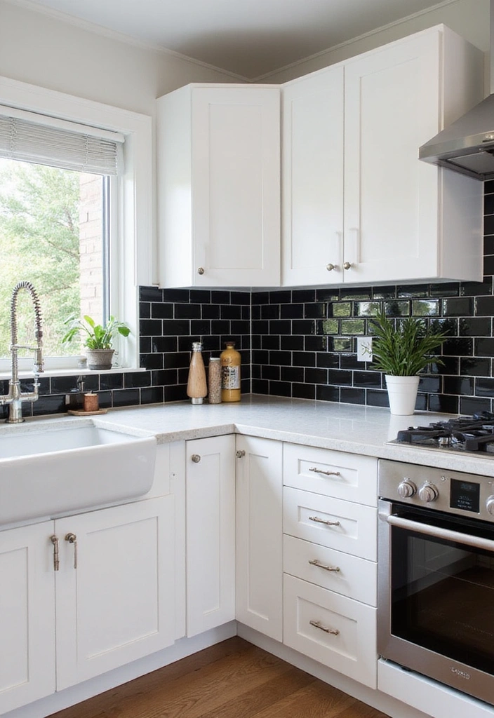 High-Contrast L-Shaped Kitchen with White Shaker Cabinets and Dark Backsplash