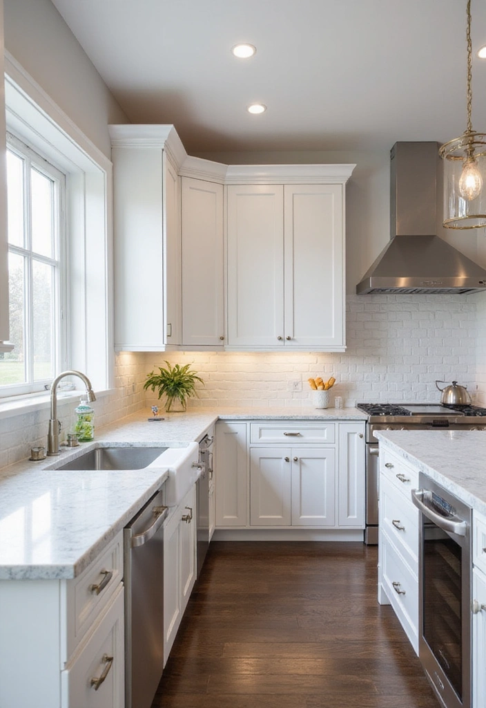 Luxurious L-Shaped Kitchen with White Shaker Cabinets and Marble Countertops