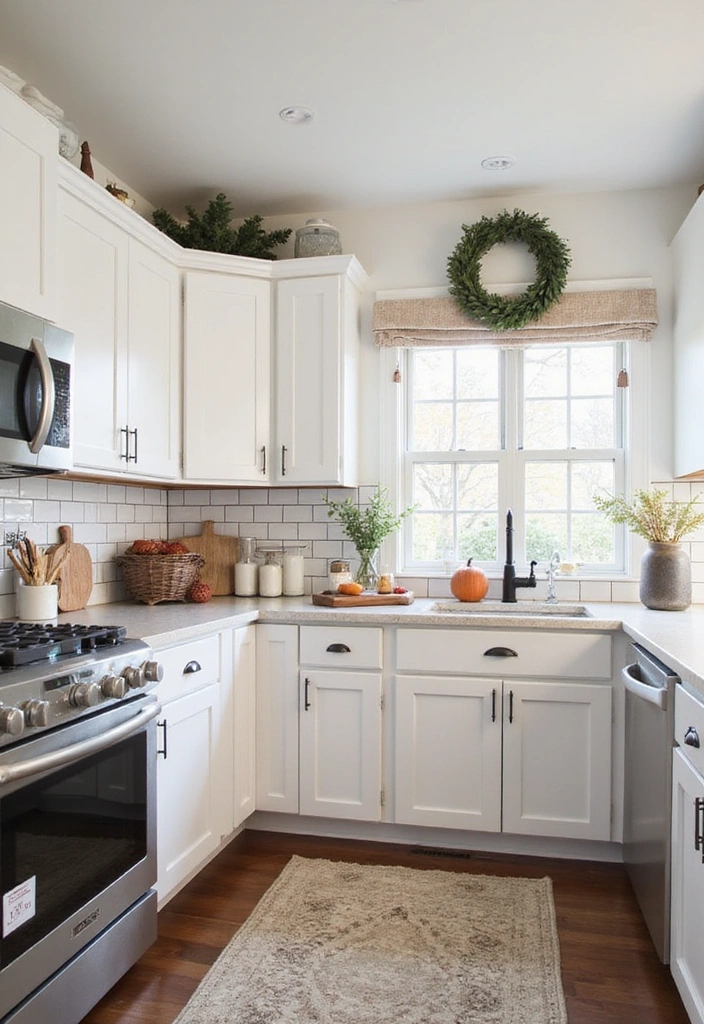 Seasonally Decorated L-Shaped Kitchen with White Shaker Cabinets