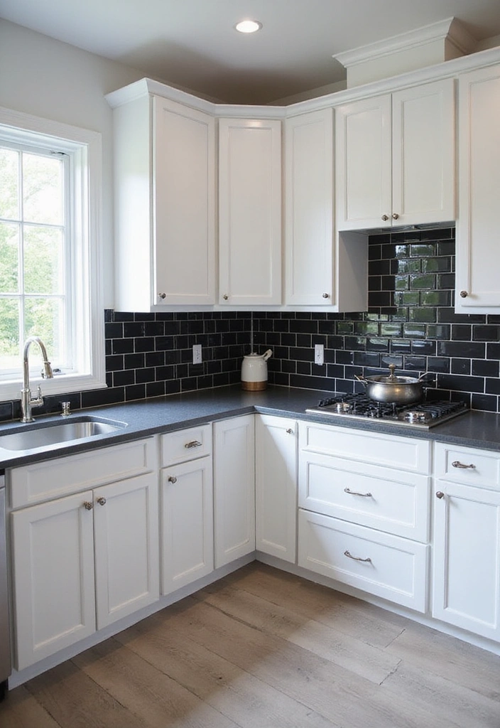 Monochrome L-Shaped Kitchen with White Shaker Cabinets and Dark Subway Tile Backsplash