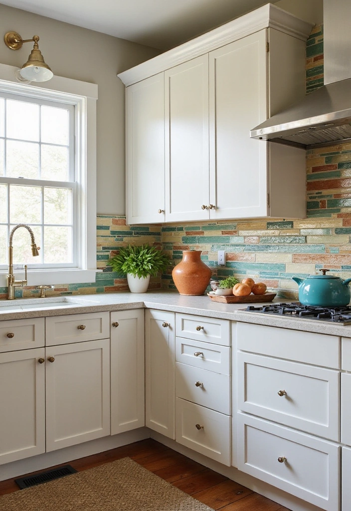 Vintage Glamour L-Shaped Kitchen with White Shaker Cabinets and Colorful Backsplash