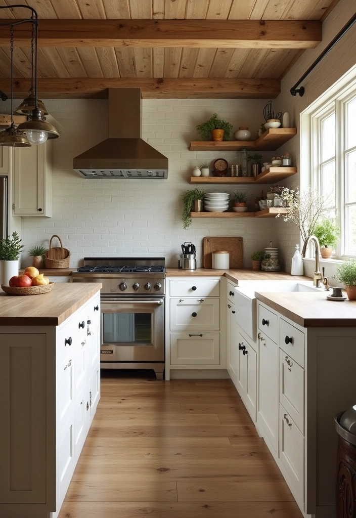 Rustic L-Shaped Kitchen with White Shaker Cabinets and Earthy Subway Tile Backsplash