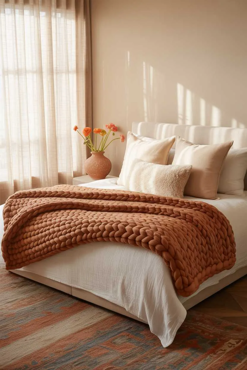 Elegant bedroom with white bedding and terracotta throw blanket