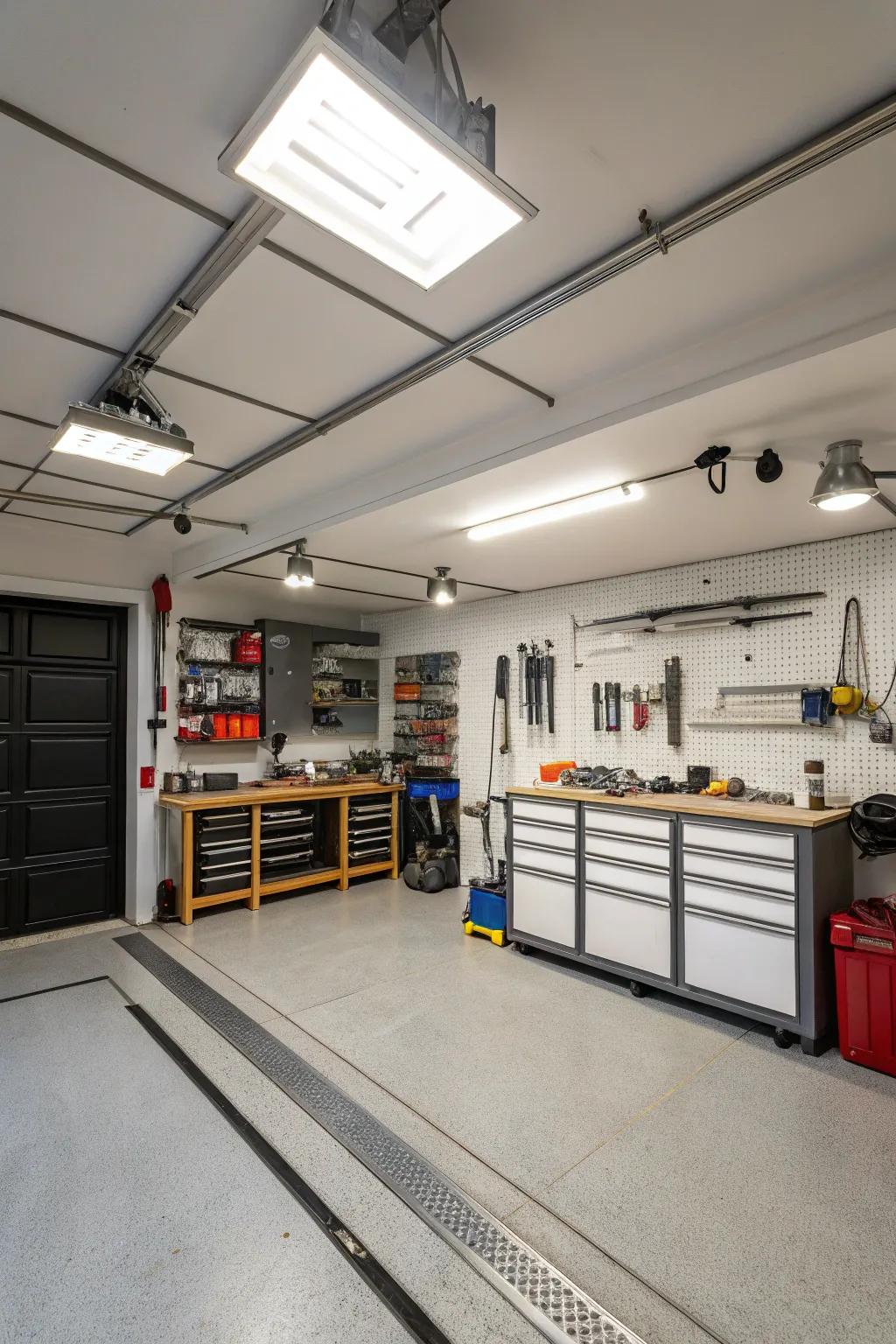Flush-mount ceiling lights provide a streamlined lighting solution ideal for garages with low ceilings.