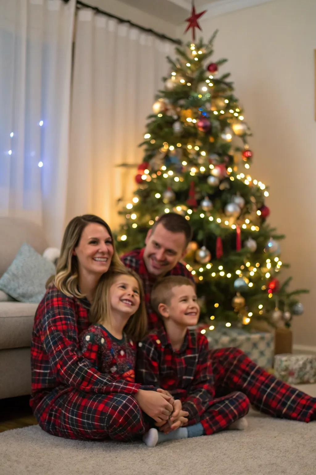 Family in matching pajamas smiling by a beautifully lit Christmas tree.
