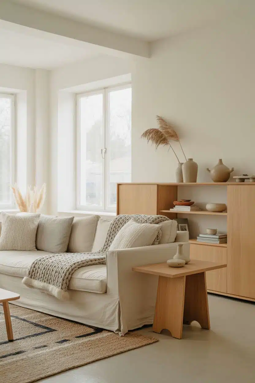 Minimalist Scandinavian living room with cream sofa, chunky knit throws, and natural oak furniture