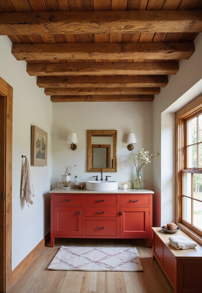 Reclaimed Wood Beams in Rustic Bathroom