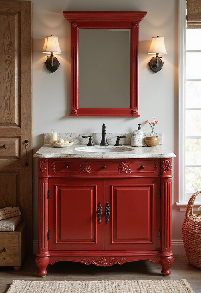 Rustic Bathroom with Red Vanity and Reclaimed Wood Beams