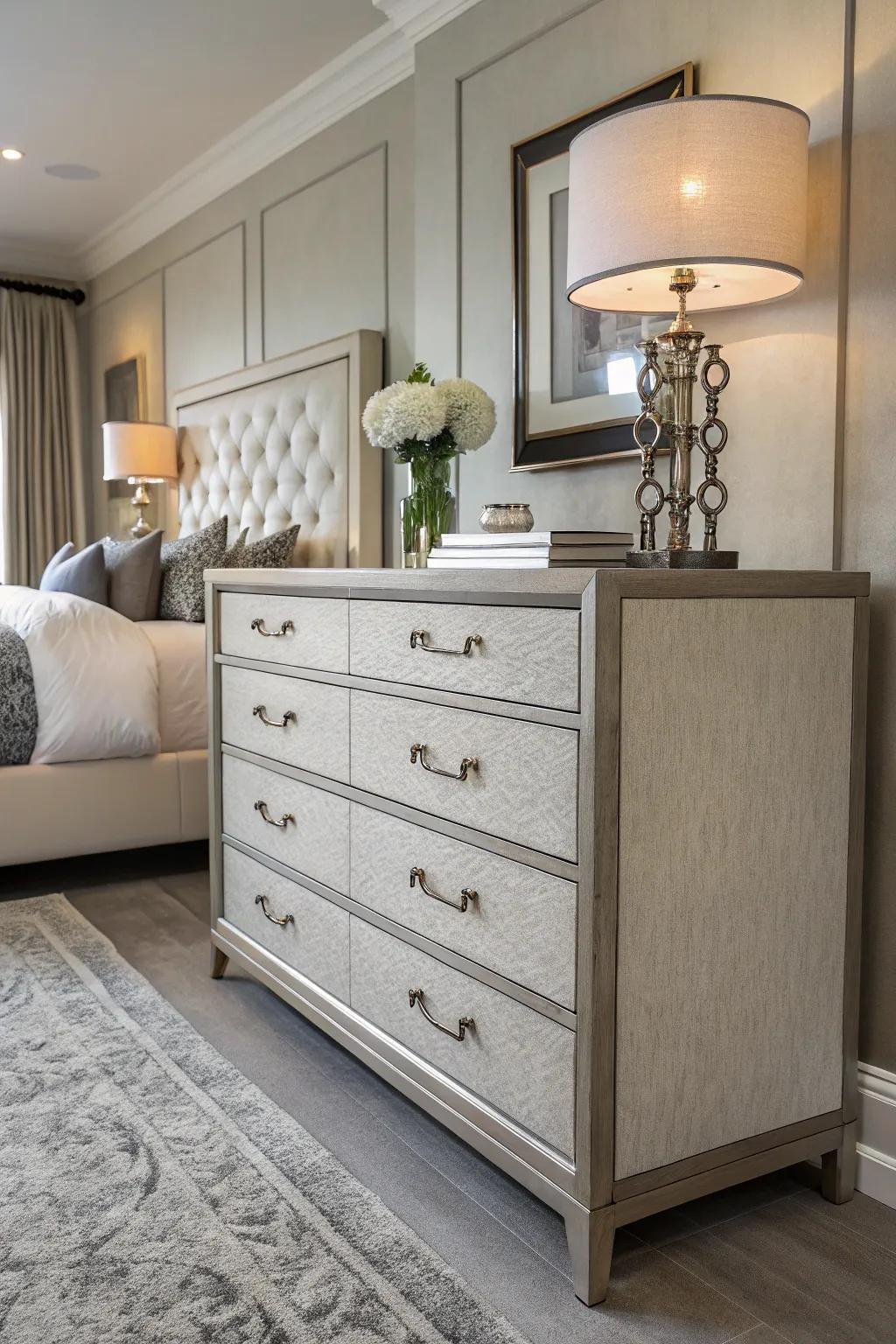 Sophisticated pewter drawer pulls elevate furniture aesthetics.