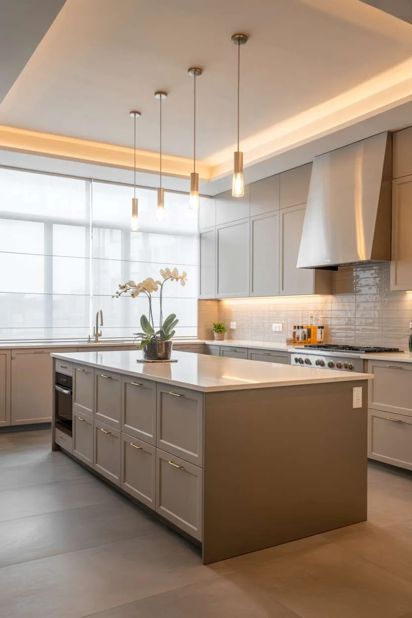 Modern elegant kitchen featuring white quartz island with grey cabinetry and brushed gold hardware