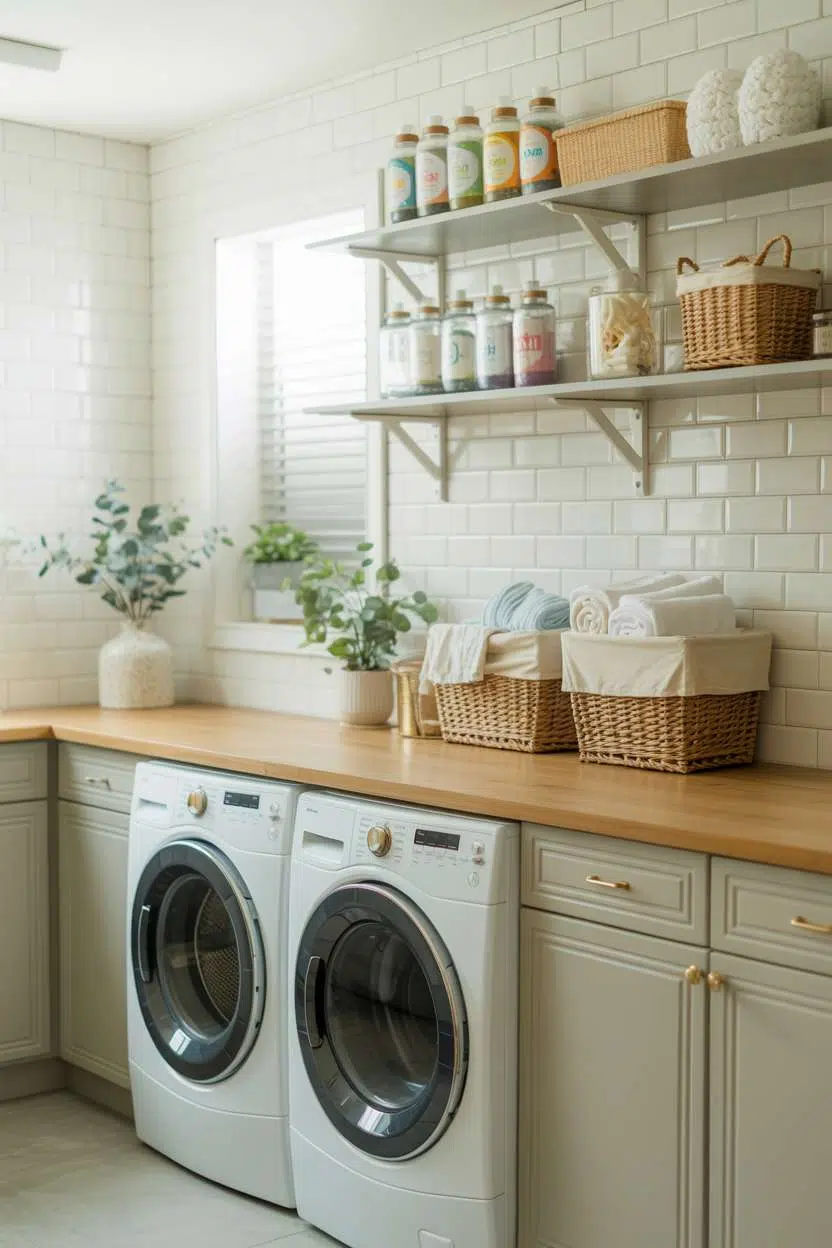 Laundry room with white subway tiles, soft gray cabinetry, and wooden countertop