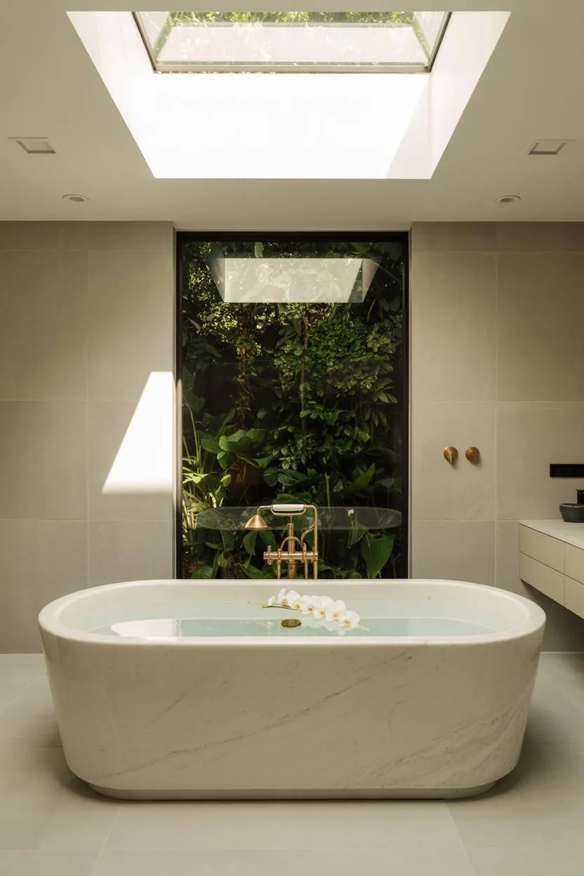 Luxury bathroom featuring freestanding marble tub with garden view and gold fixtures