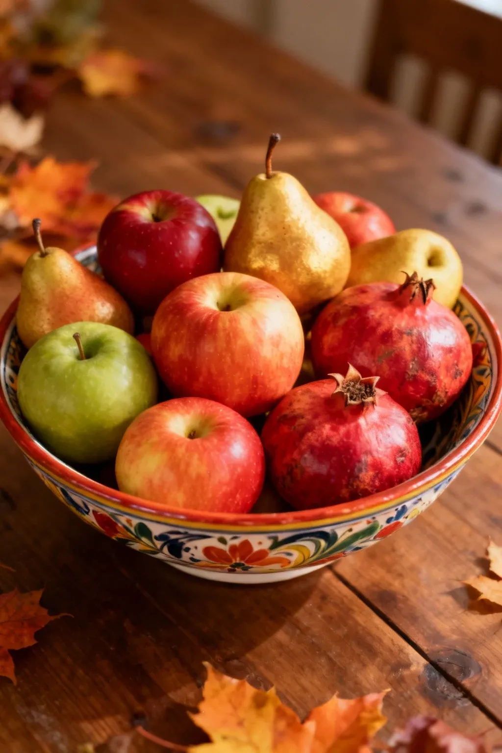 A decorative bowl filled with vibrant apples, pears, and pomegranates on a wooden table.