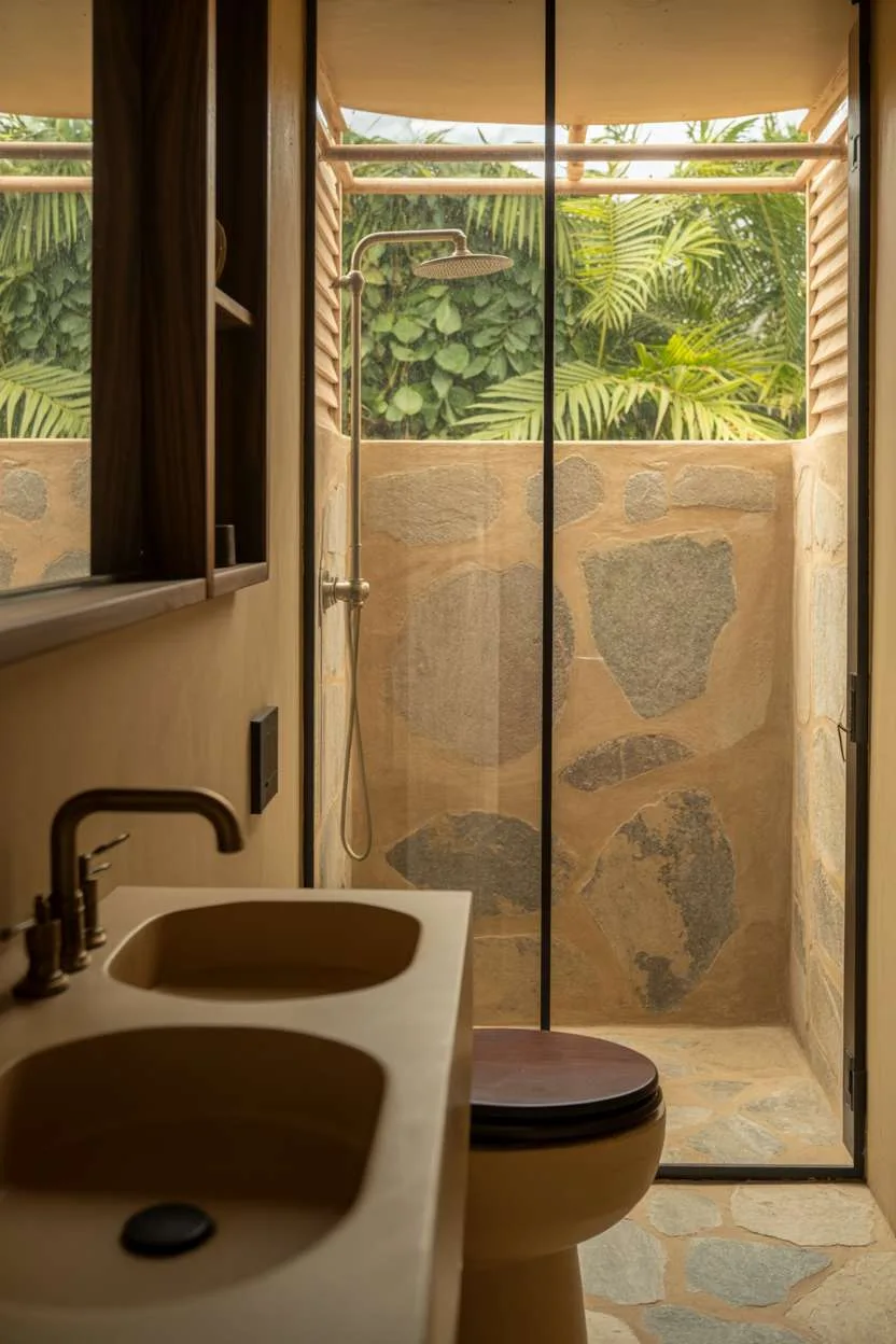 Minimalist bathroom with brushed bronze faucet, dark wood toilet seat, and natural stone shower tiles