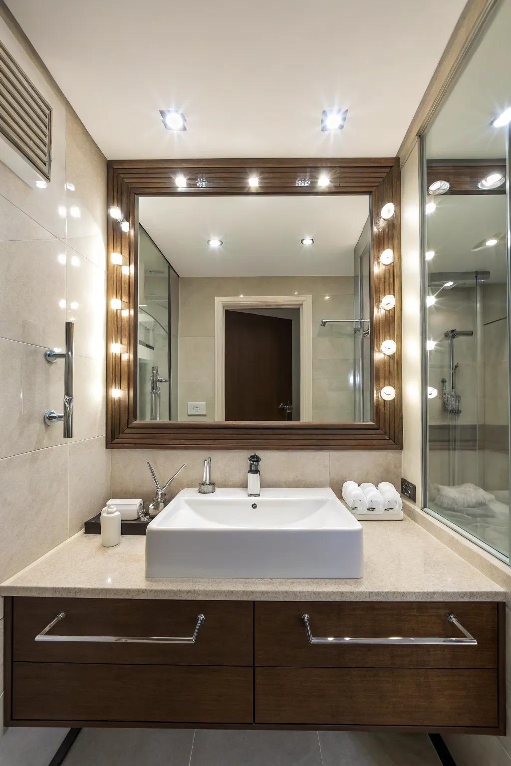 Recessed lighting beautifully illuminates the bathroom mirror.