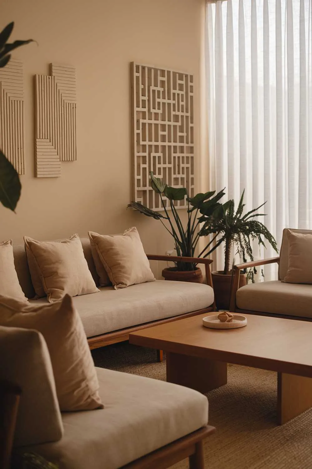Neutral living room featuring a beige sofa with coordinating cushions, a wooden coffee table, potted plants, and geometric wall art near a large window with white curtains.