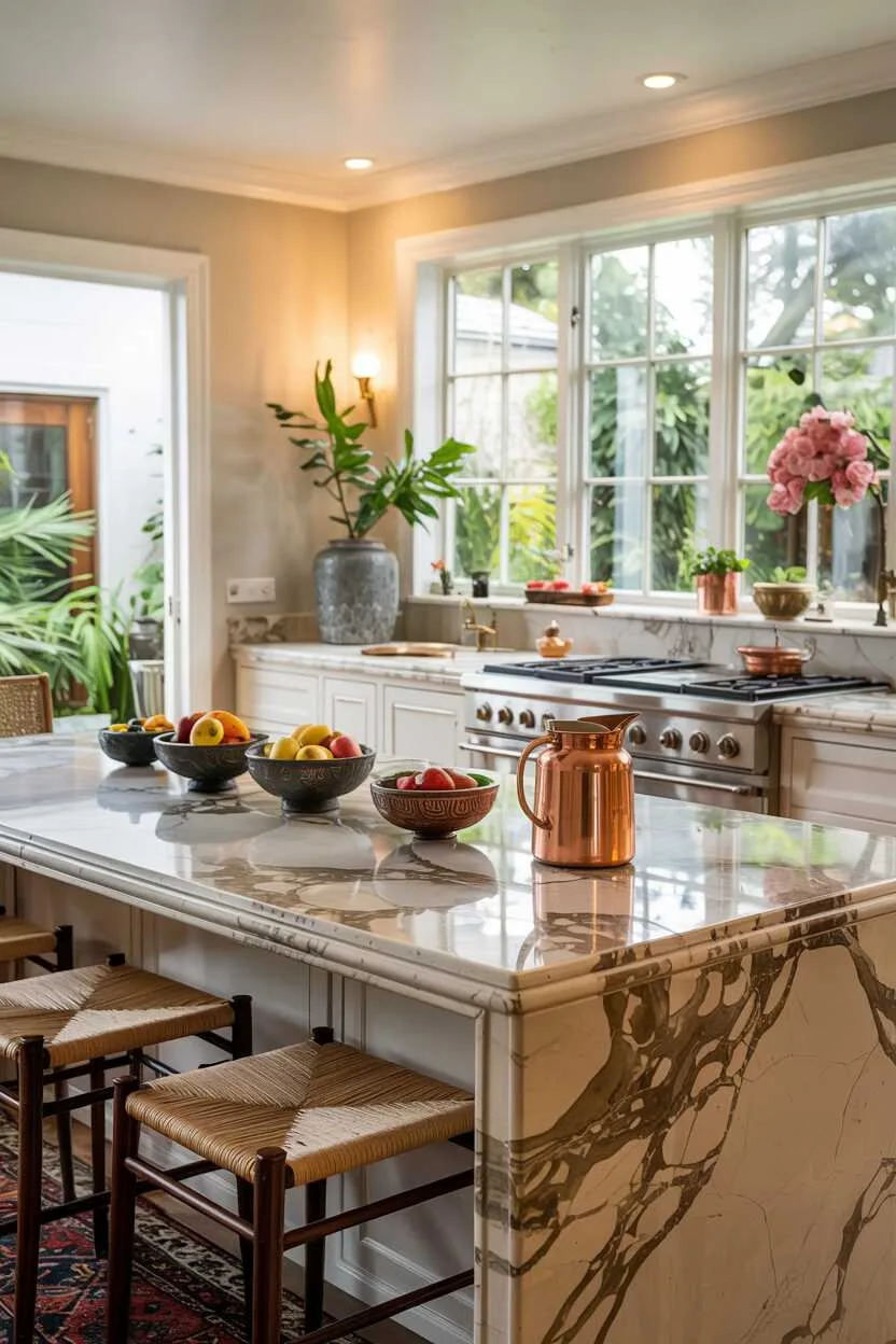 Luxury kitchen with marble waterfall island, seating, and stainless steel appliances